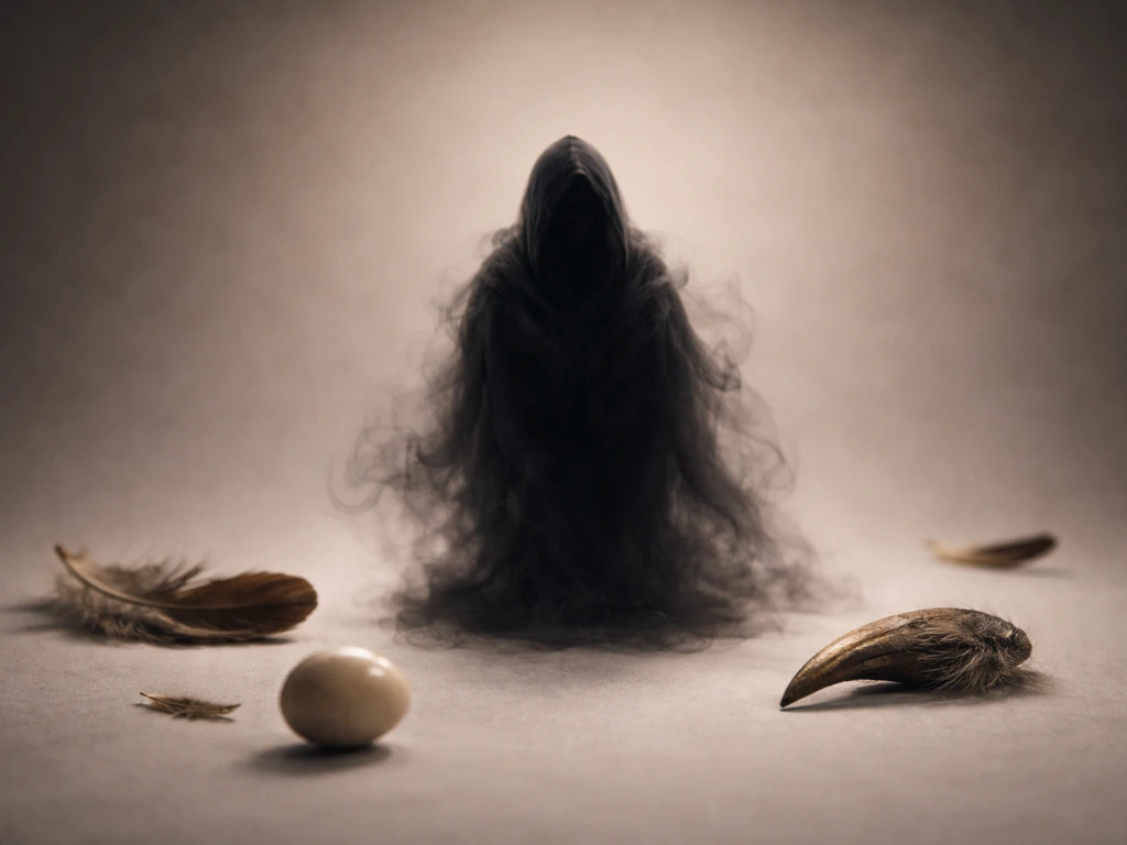 Minimal fantasy silhouette among real bird feathers, beak shapes, and an egg to suggest verifying a creature.