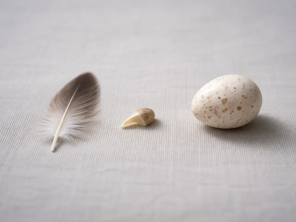 Close-up still life of a feather, keratin beak shape, and an egg on a neutral background.