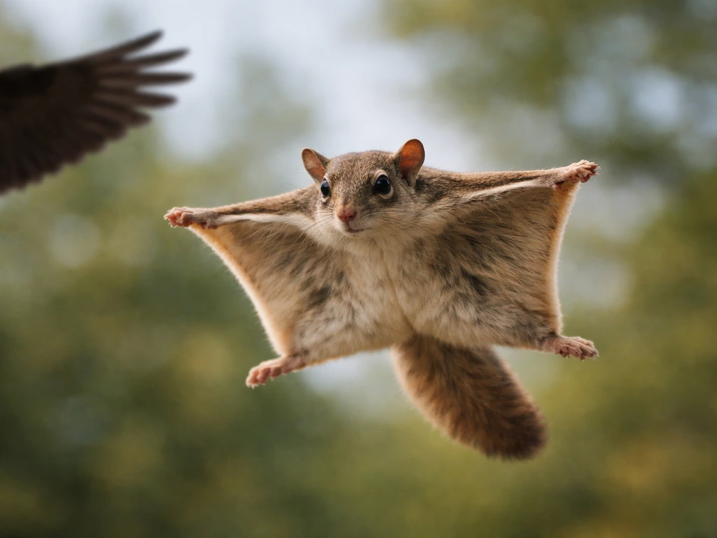 Flying squirrel gliding on stretched membrane beside a silhouetted bird wing to show the difference.