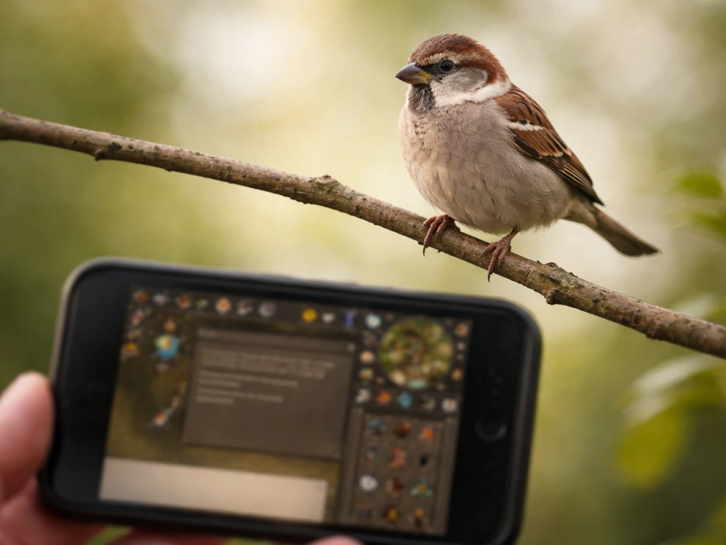 A close-up of a common bird perched on a branch beside a fantasy game tablet showing a blurred examine screen