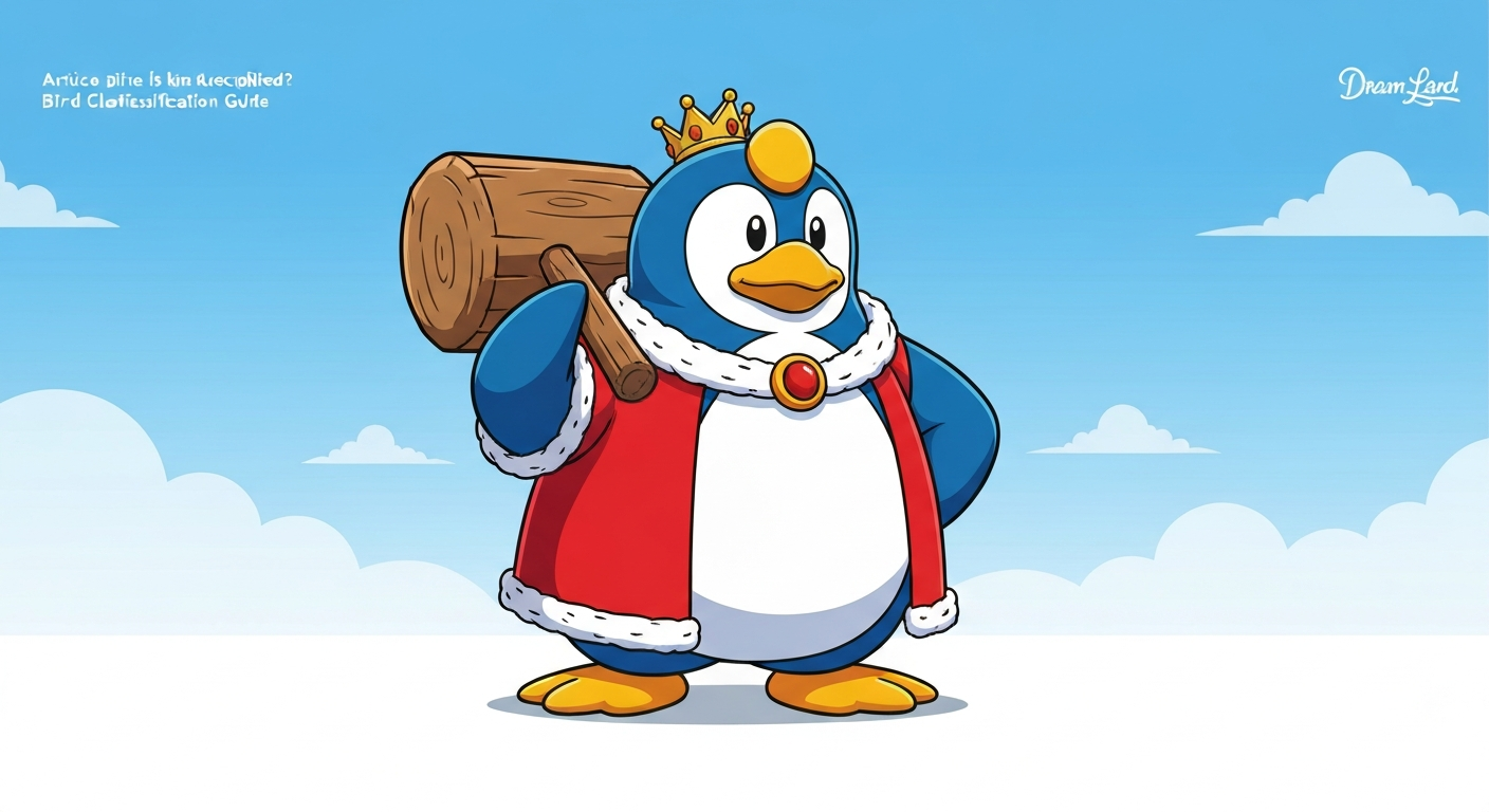 Stylized illustration of a penguin-like king character with a crown and oversized hammer, standing in a regal pose against a simple gradient background.
