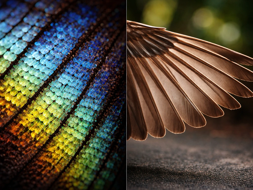 Close-up side-by-side: butterfly wing scales beside a bird wing feather, both showing flight structures.