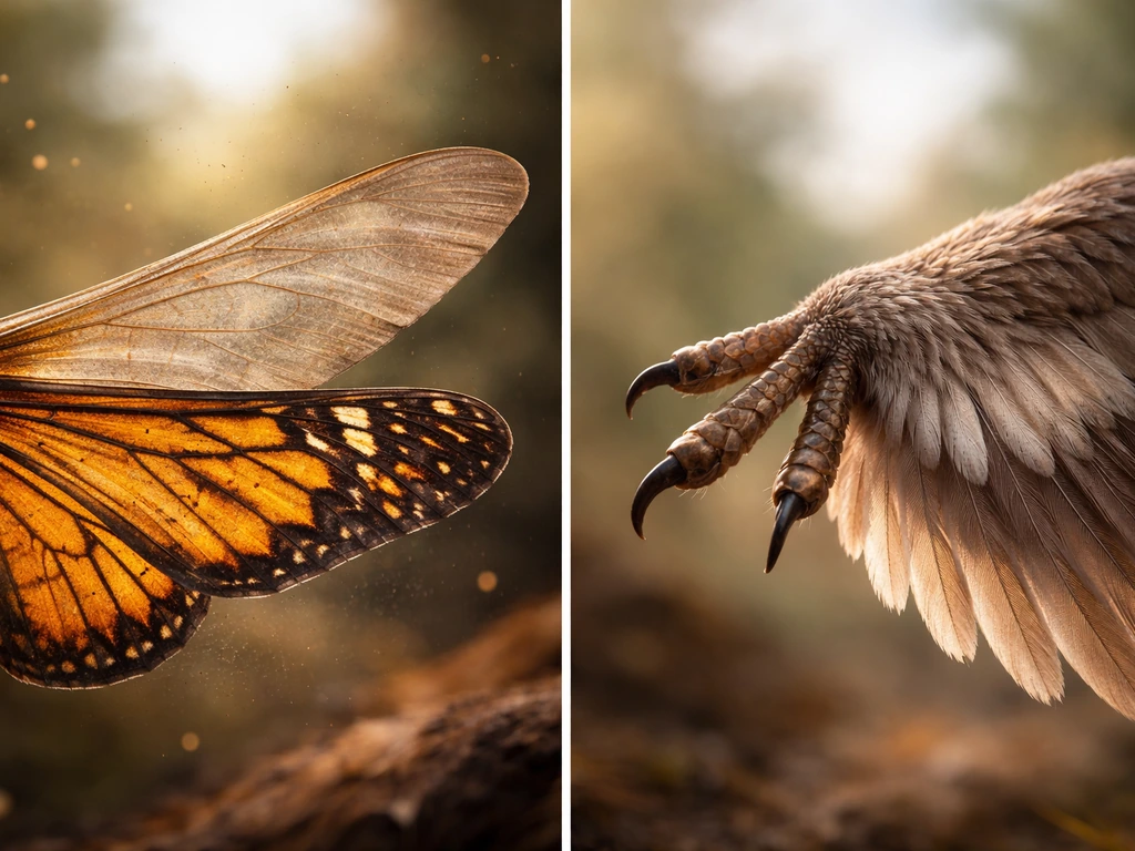 Photorealistic split image showing insect wing evolution on one side and feathered theropod wing evolution on the other.