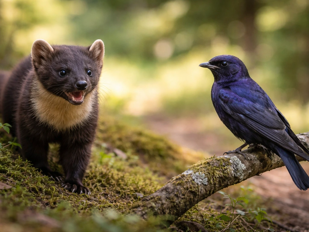 A marten on the forest floor next to a purple martin perched on a branch, both in clear view.