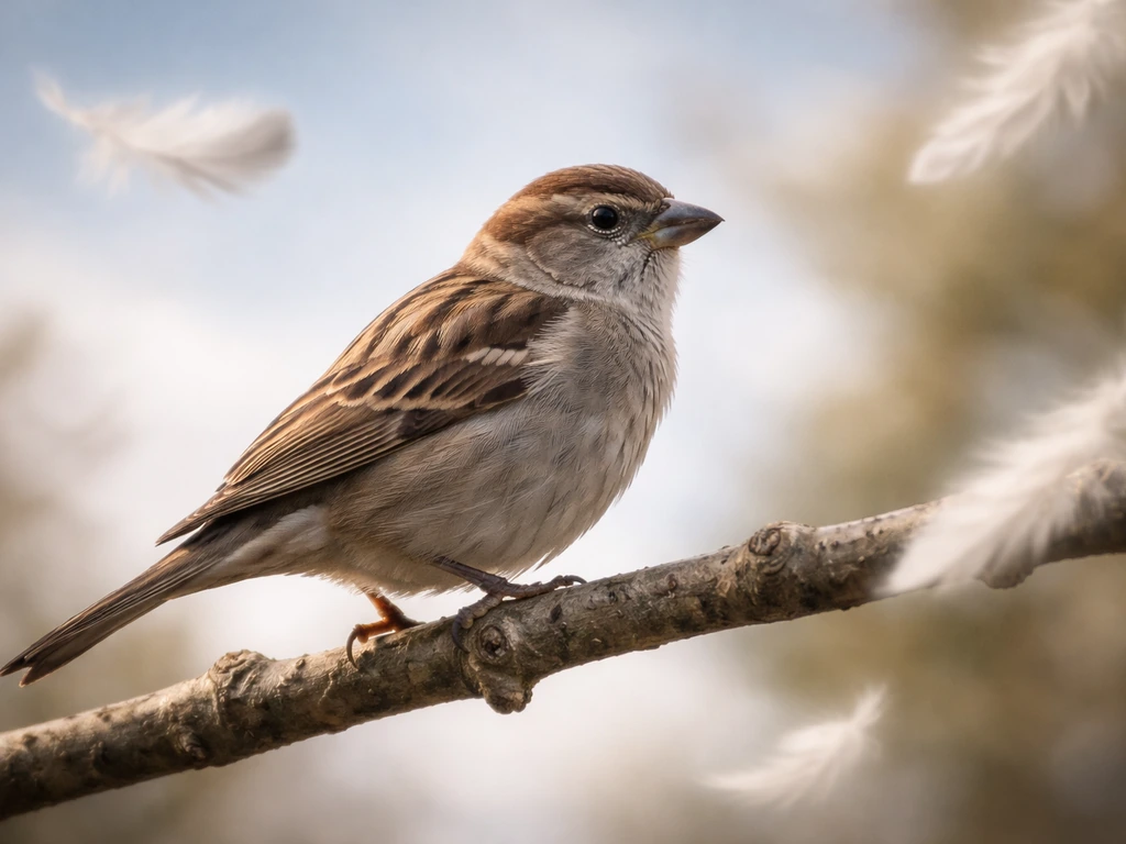 A perched small bird on a branch with blurred sky, symbolizing avian as bird-related.
