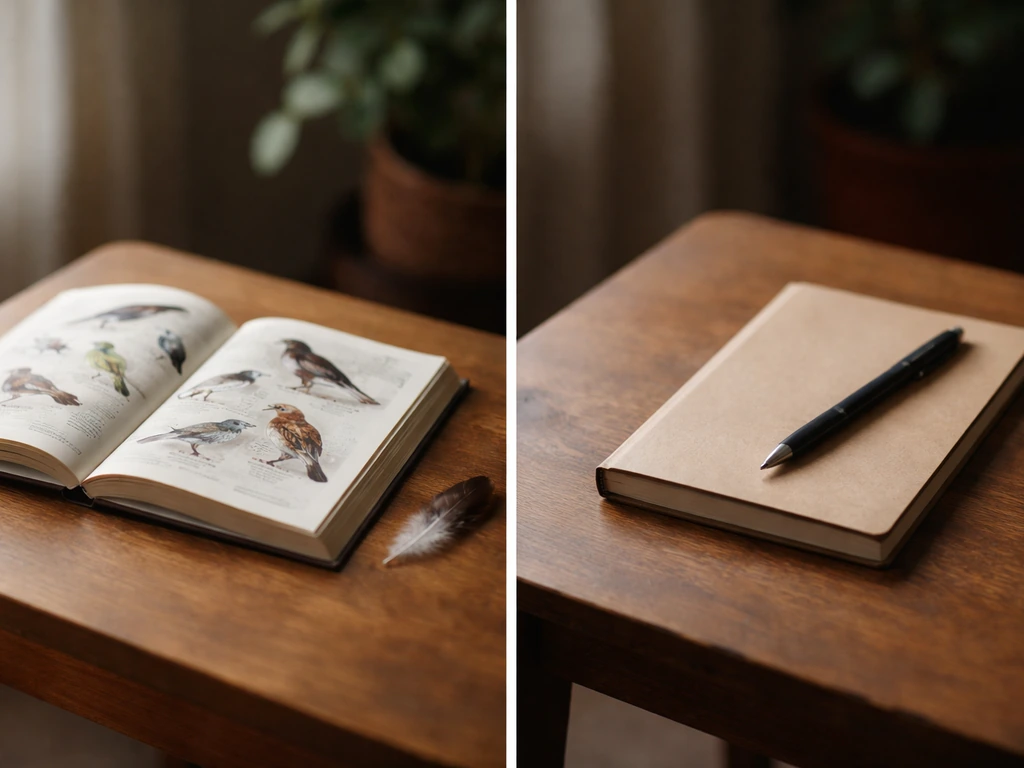 A bird-feather nature book on a table, with an out-of-focus notebook to suggest correct vs incorrect wording.