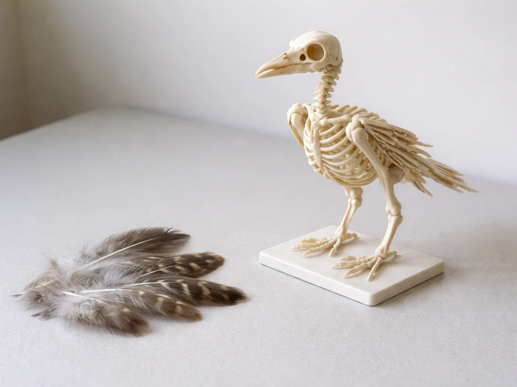 Close-up of a bird skeleton model and feathered wing on a clean study table with natural light.