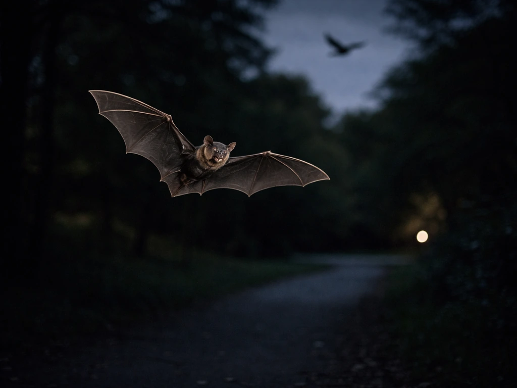 A bat flying at night with a subtle distant bird shape, highlighting bats are mammals, not birds.