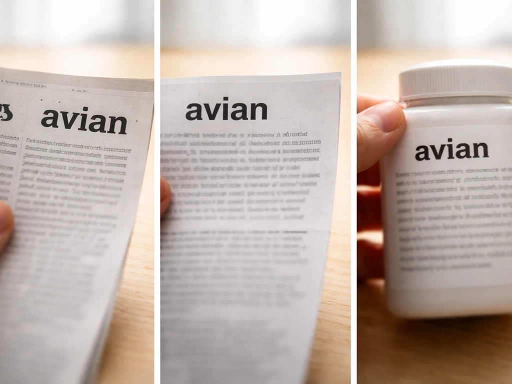 Close-up of an out-of-focus news headline and a product label area showing the word “avian” in context.
