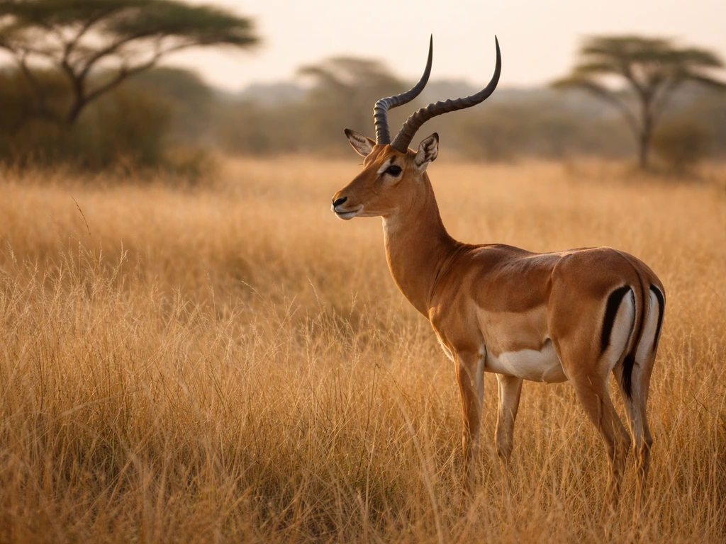 Photorealistic impala standing on an African savanna at golden hour with warm grass and distant trees.