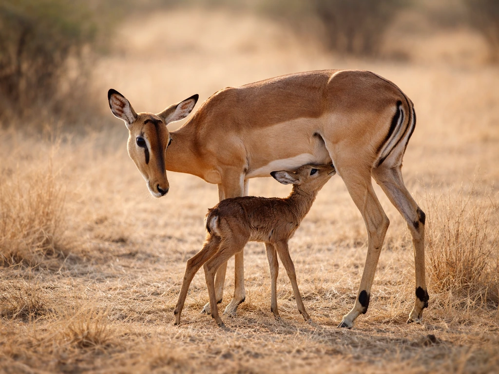 Adult impala nursing her newborn calf in a calm savanna grass setting, warm natural light.