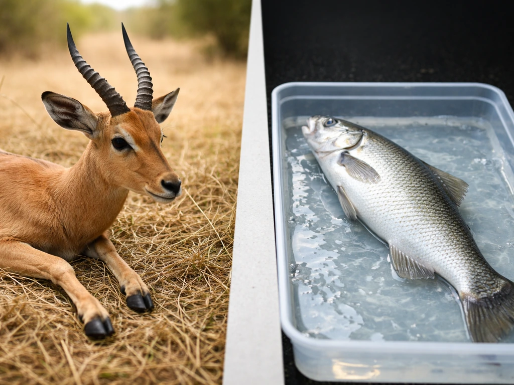 Impala-like fur and hooves beside a fish with visible fins and gill area in shallow water.