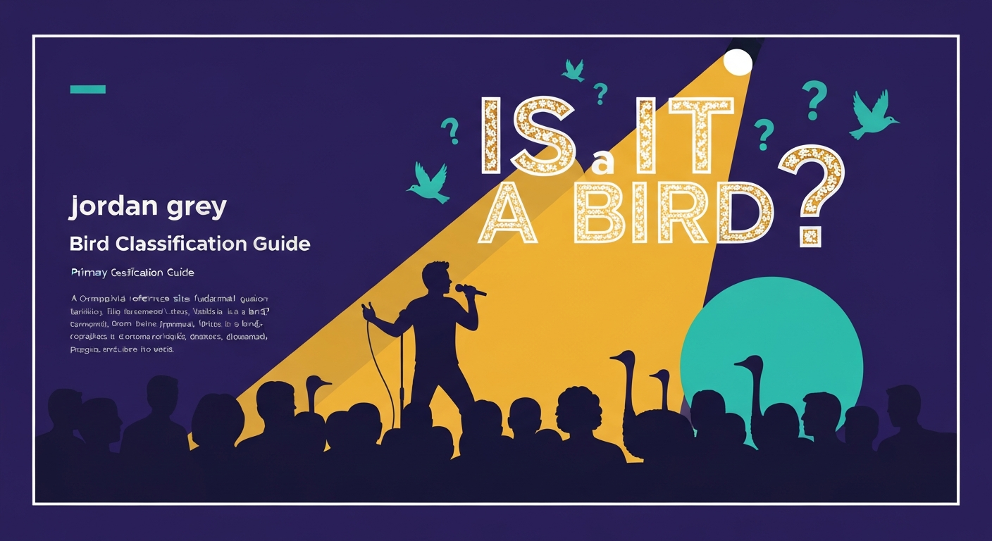 Stylised concert-poster illustration of a performer under a spotlight with the title 'Is It a Bird?' and bird-and-question-mark graphics.