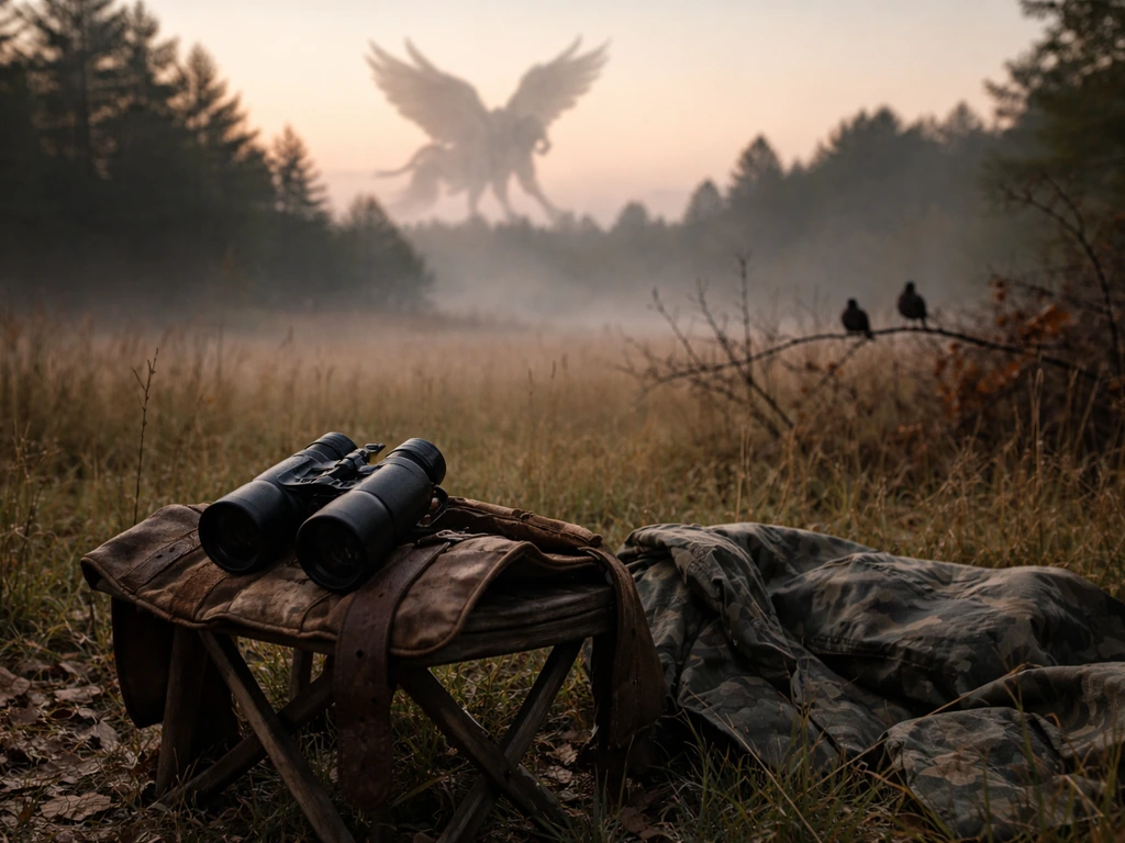 Outdoor field scene with a distant griffin-like silhouette and small real game birds in the background.