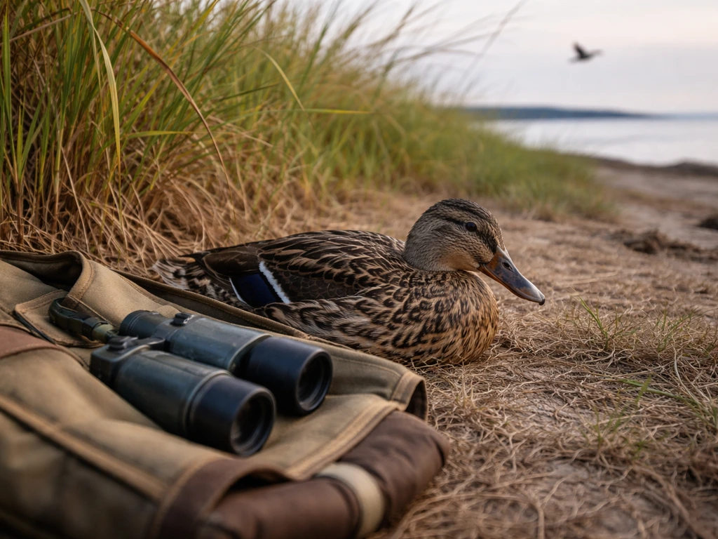 Wild waterfowl on grass with a hunter’s vest and binoculars nearby, suggesting legally hunted game birds.