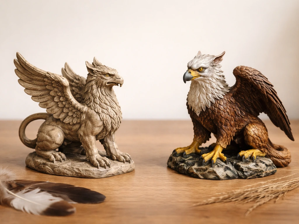 Two small mythic and bird-of-prey figurines placed side by side on a wooden table with a few feathers.