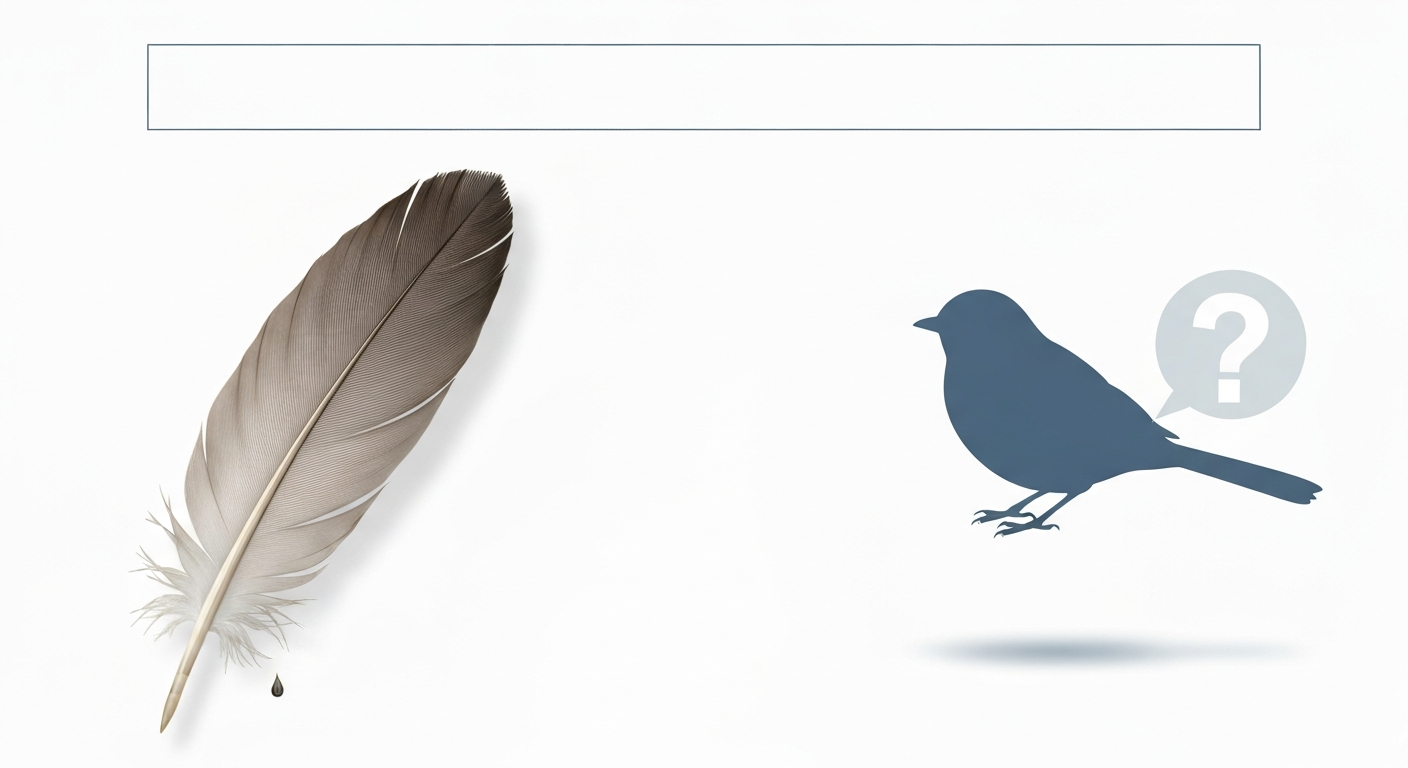 Illustration: a realistic large feather that morphs into a quill pen on the left, and a simplified bird silhouette with a question mark on the right, showing the difference between a quill (feather/pen) and a bird.