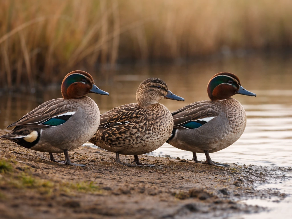 Several teal duck species shown side-by-side in a natural marsh setting, minimal lineup-style photo