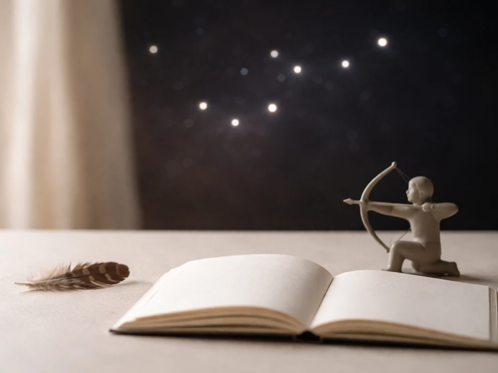 Minimal desk scene with a small bird feather, constellation-like sky over a book, and a zodiac archer figurine.