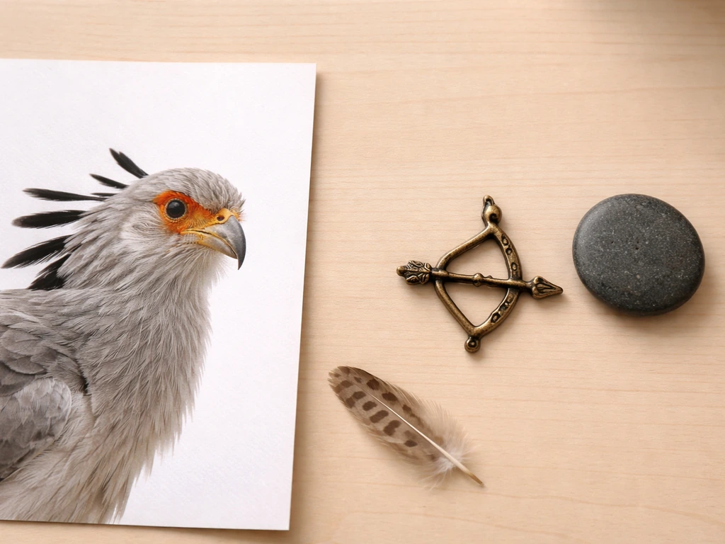 Minimal desk scene with a secretarybird print and archer charm, feather implying Sagittarius is a bird.