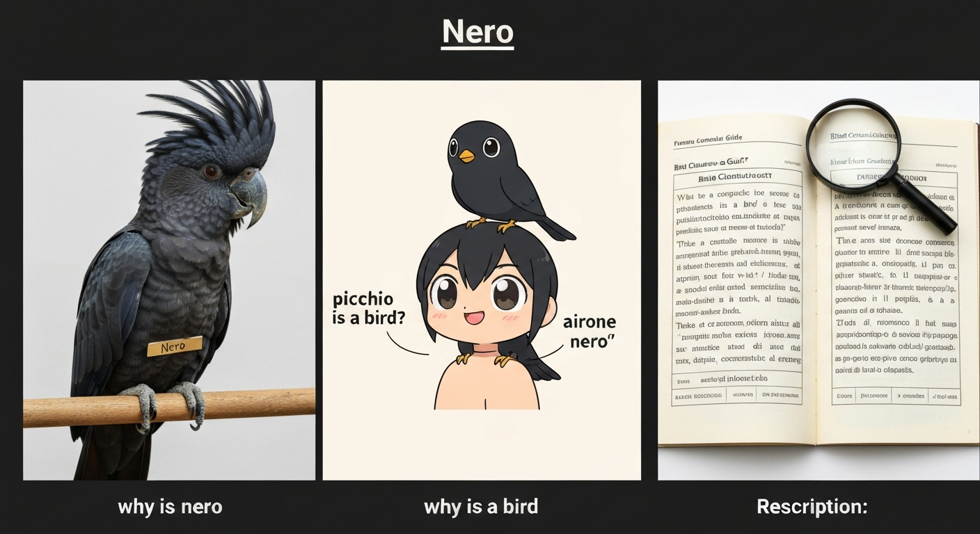 Three-panel image: a photorealistic cockatoo labeled 'Nero', a small anime-style black bird mascot, and a field-guide page showing Italian names like 'picchio nero'.