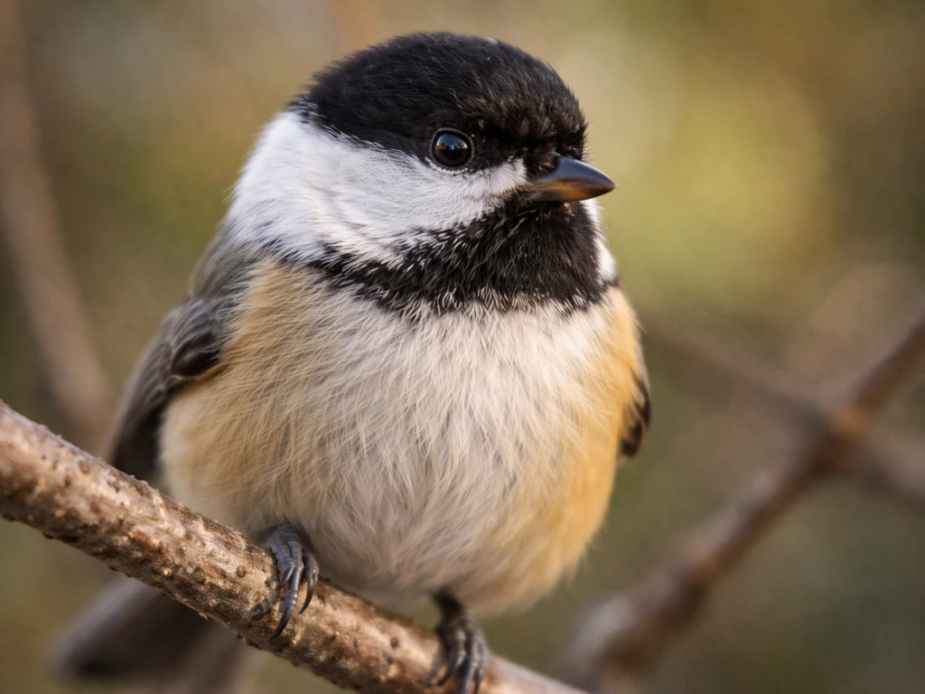Close-up of a small bird’s beak and detailed feathers on a branch, softly blurred background.
