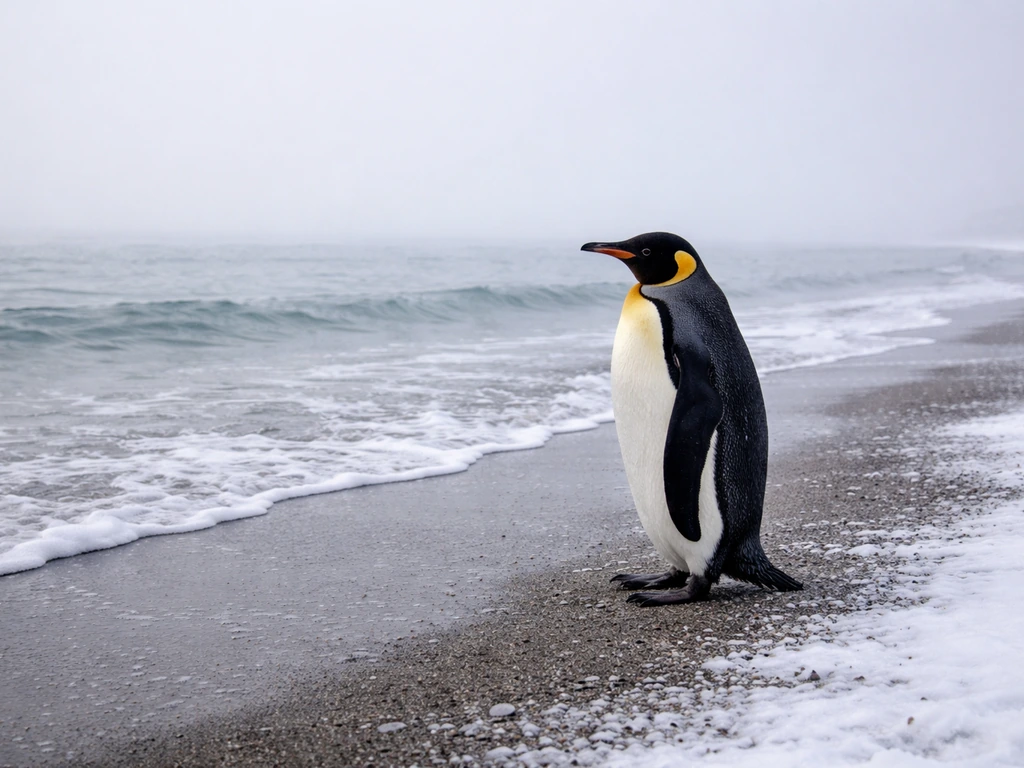 A penguin standing on a snowy coastline near the ocean water