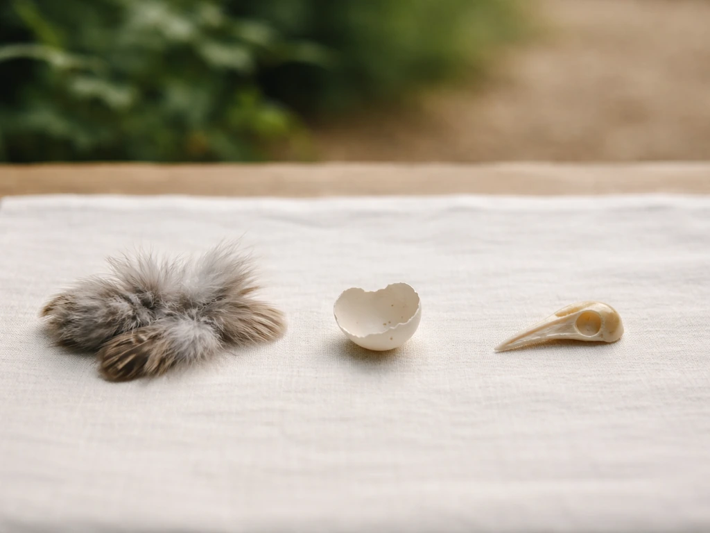 Feathers, an eggshell fragment, and a beak-like bone on a cloth in natural light for animal classification.