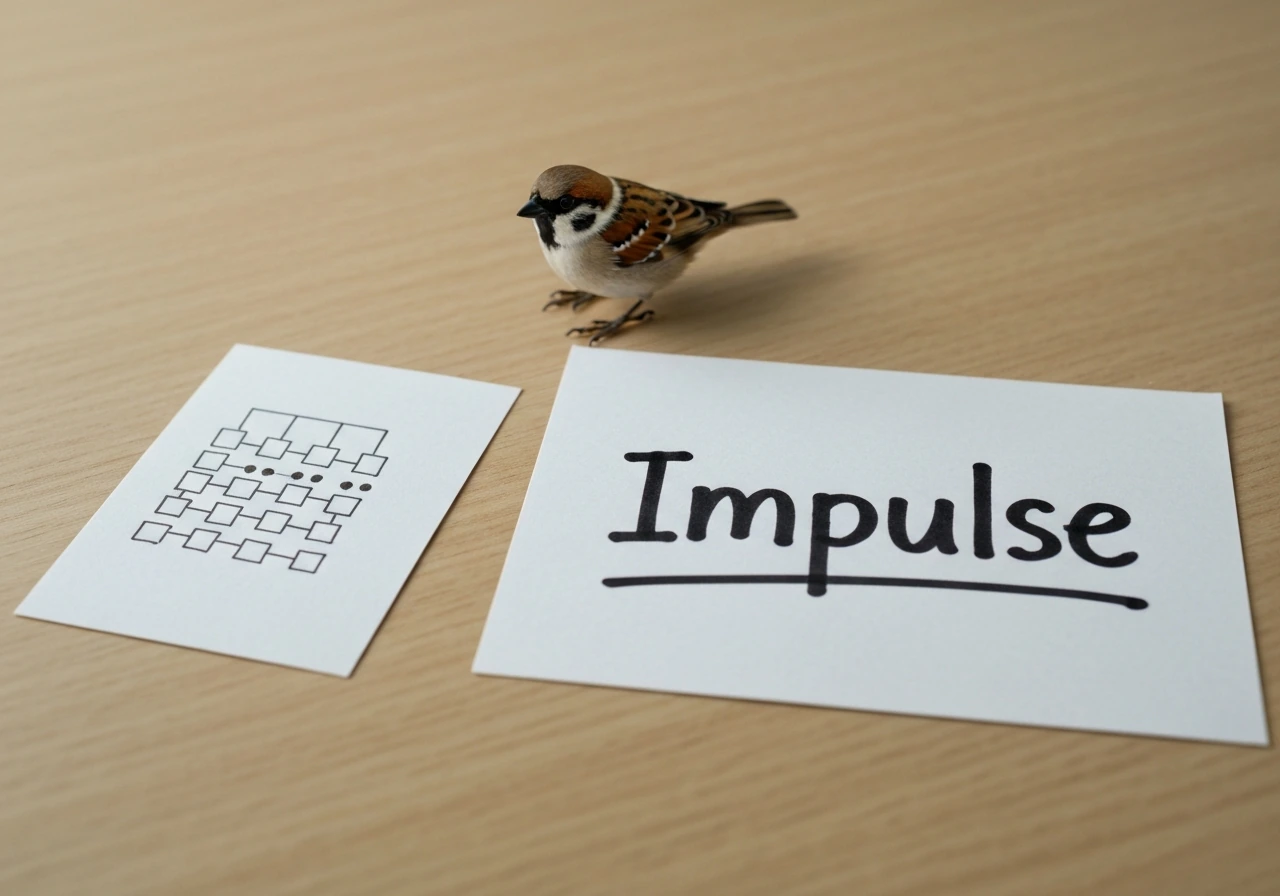 Handwritten “Impulse” beside a small bird-like taxonomy checklist with a tiny bird, humorous surreal vibe.