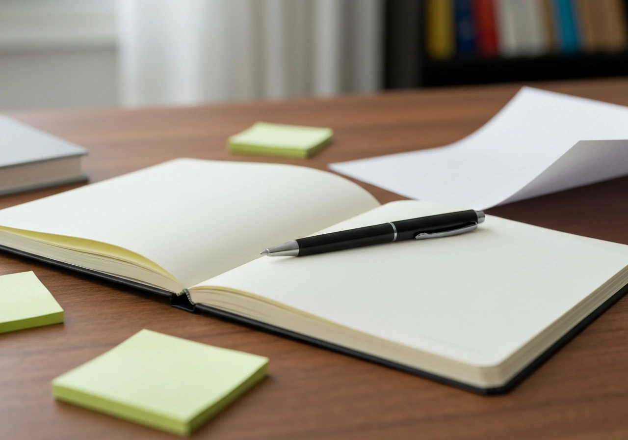 Close-up of blank notebook and scattered sticky notes beside a pen, suggesting a sudden urge or spontaneous idea