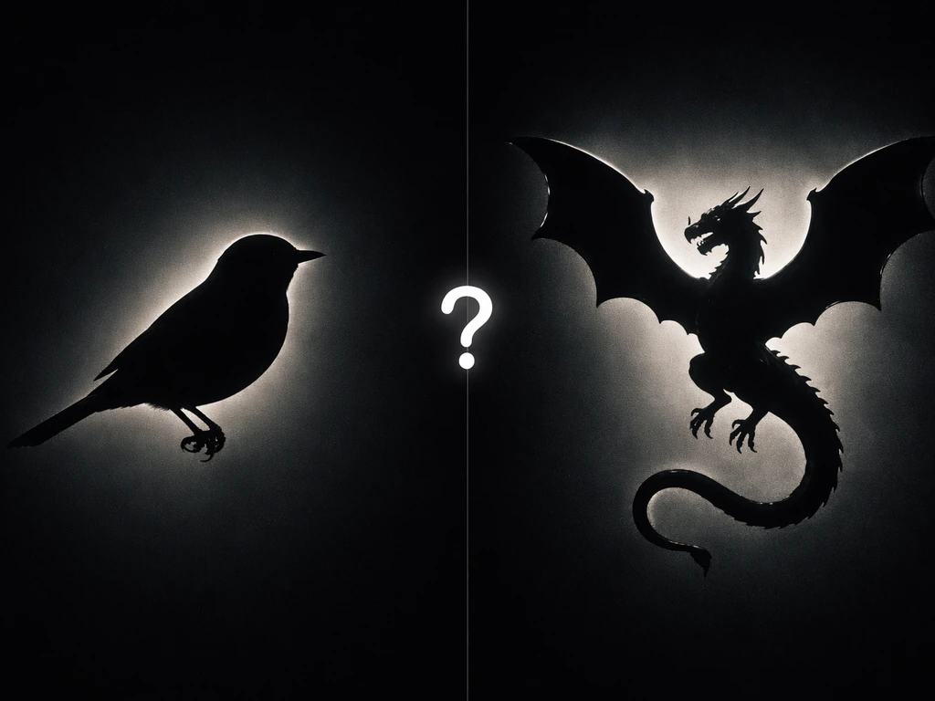 Split-screen silhouettes of a bird and wyvern-like reptile with a question mark, bold high-contrast hero image
