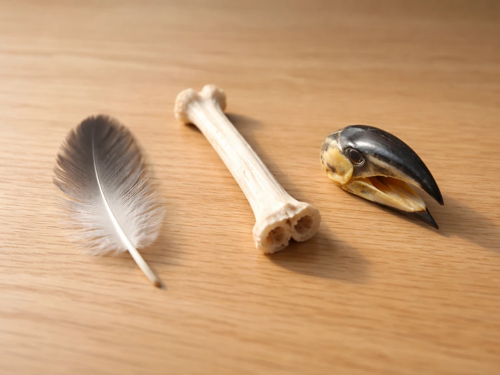 Close-up of a feather, wing bone, and beak specimen elements on a wooden table