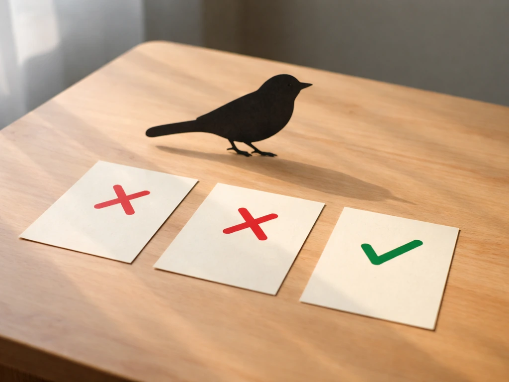 Minimal photo of an open notebook with a bird silhouette marked with a red X and check on biology criteria cards