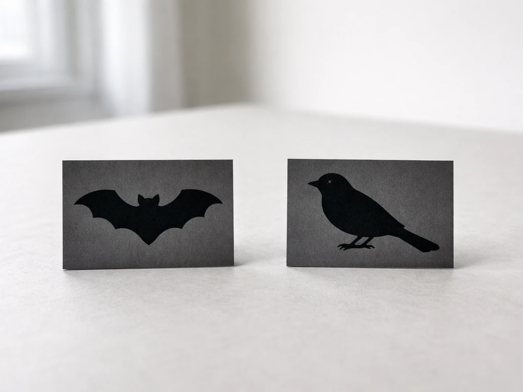 Minimal photo of two side-by-side silhouette cards showing bat and bird shapes for misclassification comparison.