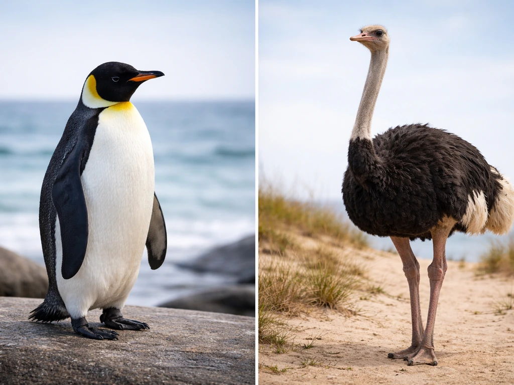 Two side-by-side animals: a penguin and an ostrich in separate simple natural settings.