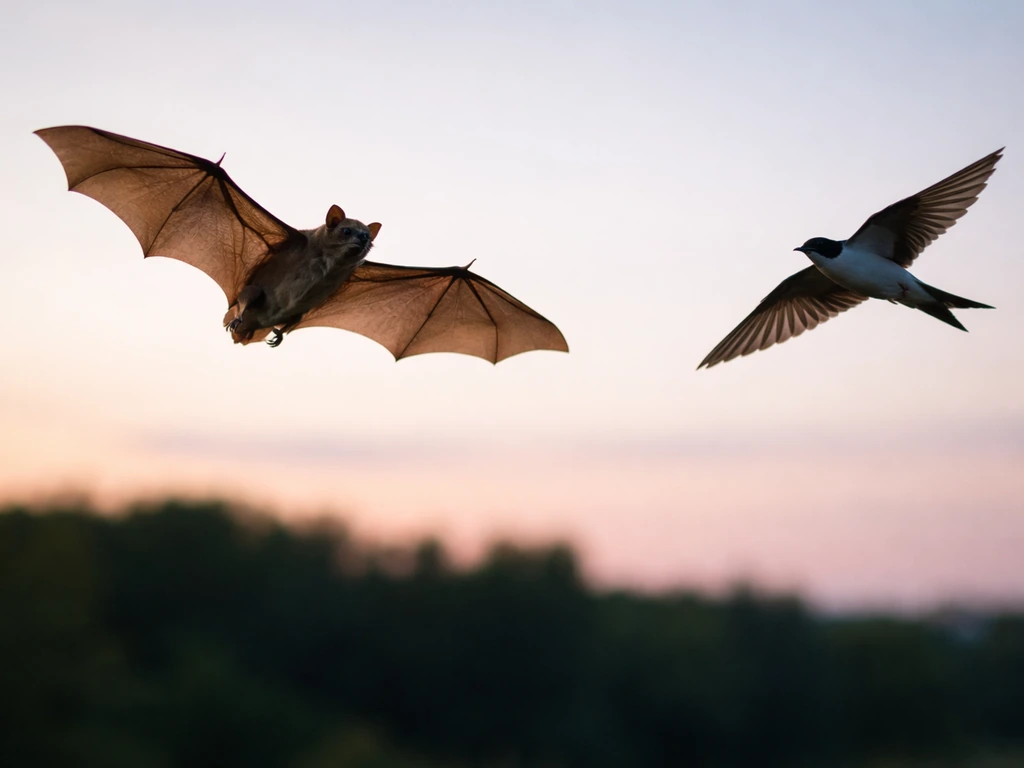 A bat gliding in midair next to a small bird to compare membrane wings and feathers.
