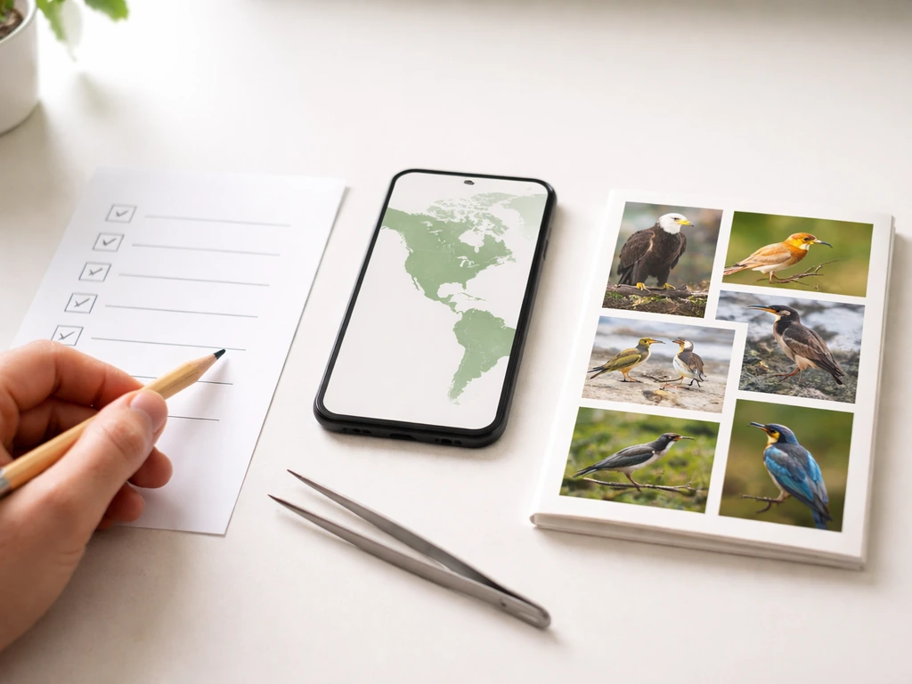 Desk setup showing blank checklist, phone map, and bird photo cards for verifying an unfamiliar bird name