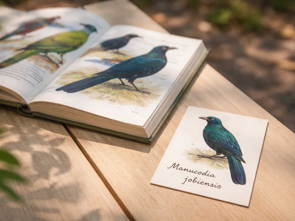Close-up of a field guide page with a bird taxonomy card showing “Manucodia jobiensis”
