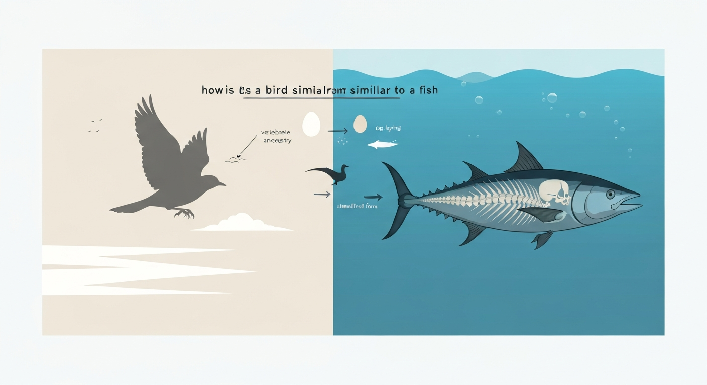 Split-scene infographic of a bird and a fish with transparent skeleton overlays, egg and streamlined icons, and arrows showing movement through air and water.