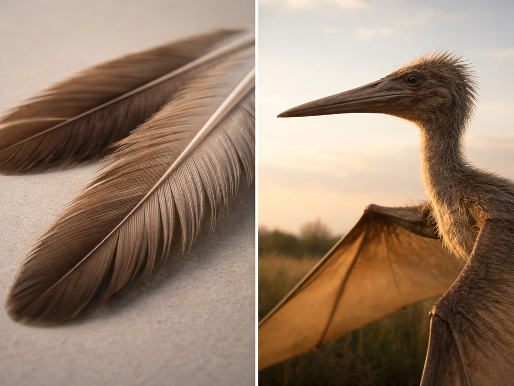 Split image: close-up of true feathers on the left and a pterosaur with feather-like covering on the right.