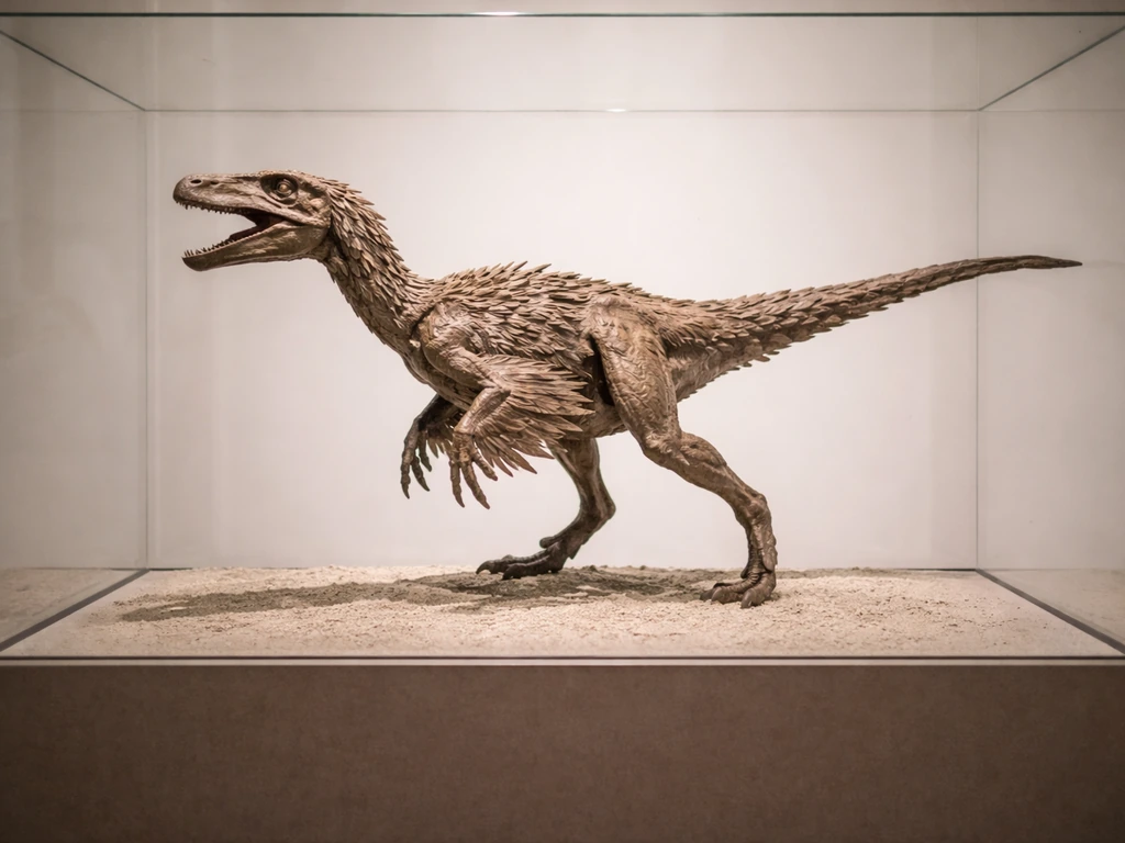 Glass museum case showing a theropod dinosaur replica with clear feather impressions.