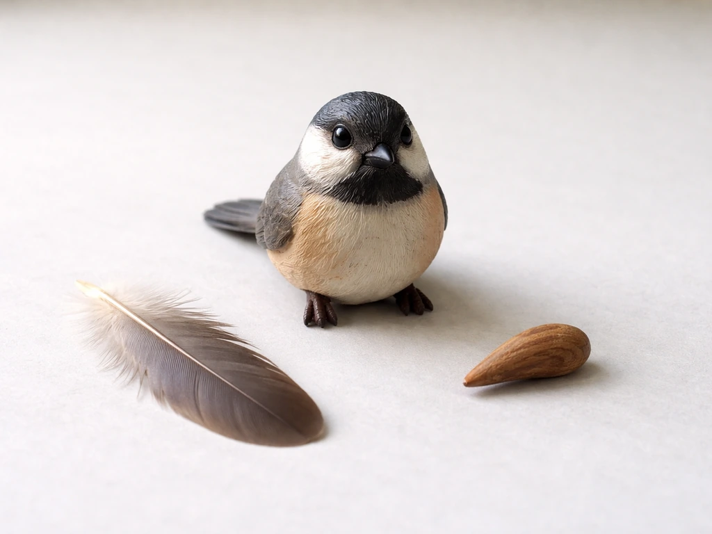 Minimal tabletop scene with a small bird figurine, scattered feather and beak-shaped objects for a quick bird-check