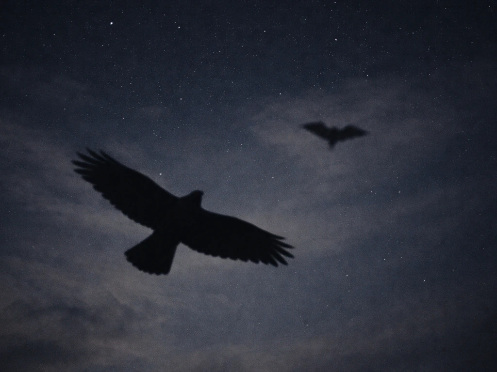 Night sky with a dramatic bird-like silhouette and a faint bat/drone-like outline against stars and clouds.