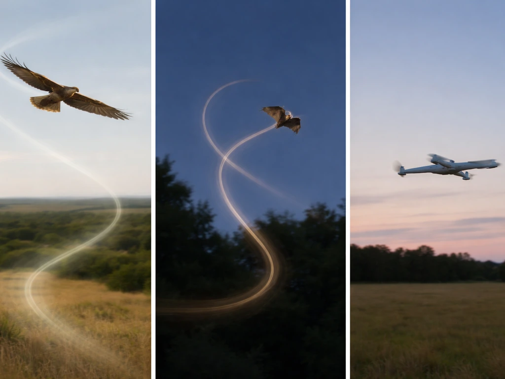 Soaring hawk on a thermal curve, bat looping sharply, and a drone flying straight lines at dusk.
