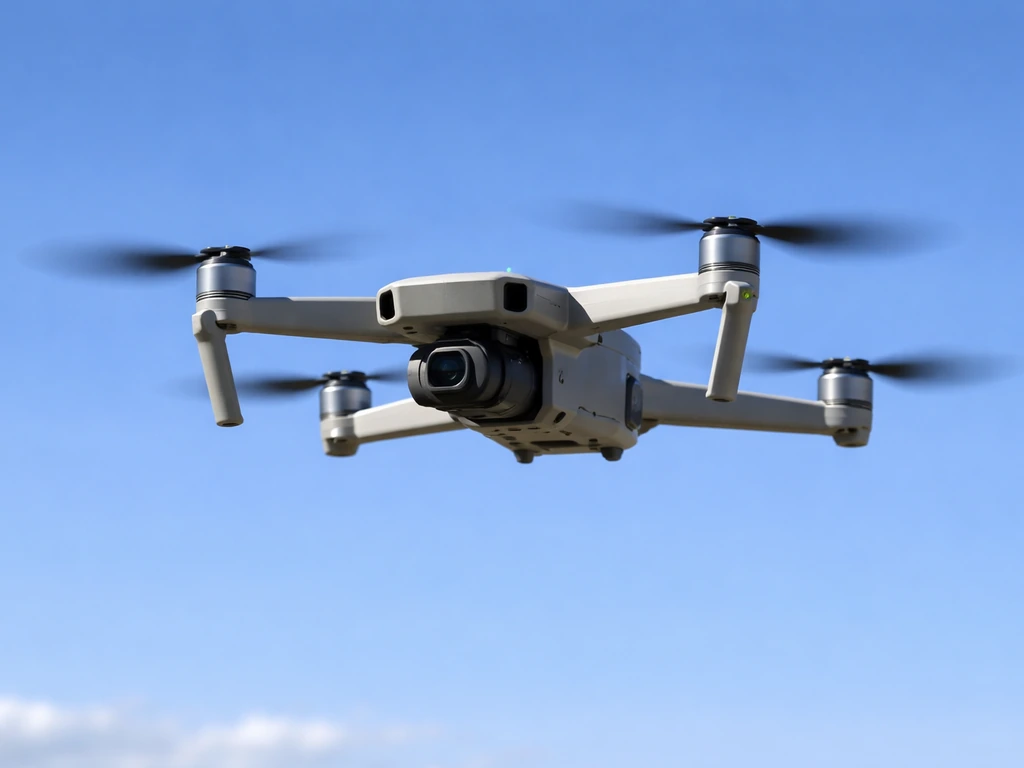 Close-up of a hovering consumer quadcopter drone steady in the sky above a quiet background.