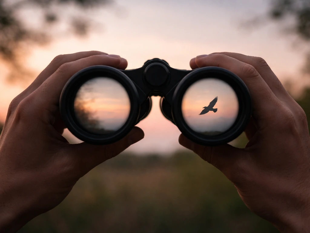Hands holding binoculars to view a distant bird silhouette with clearer wing and tail shape.