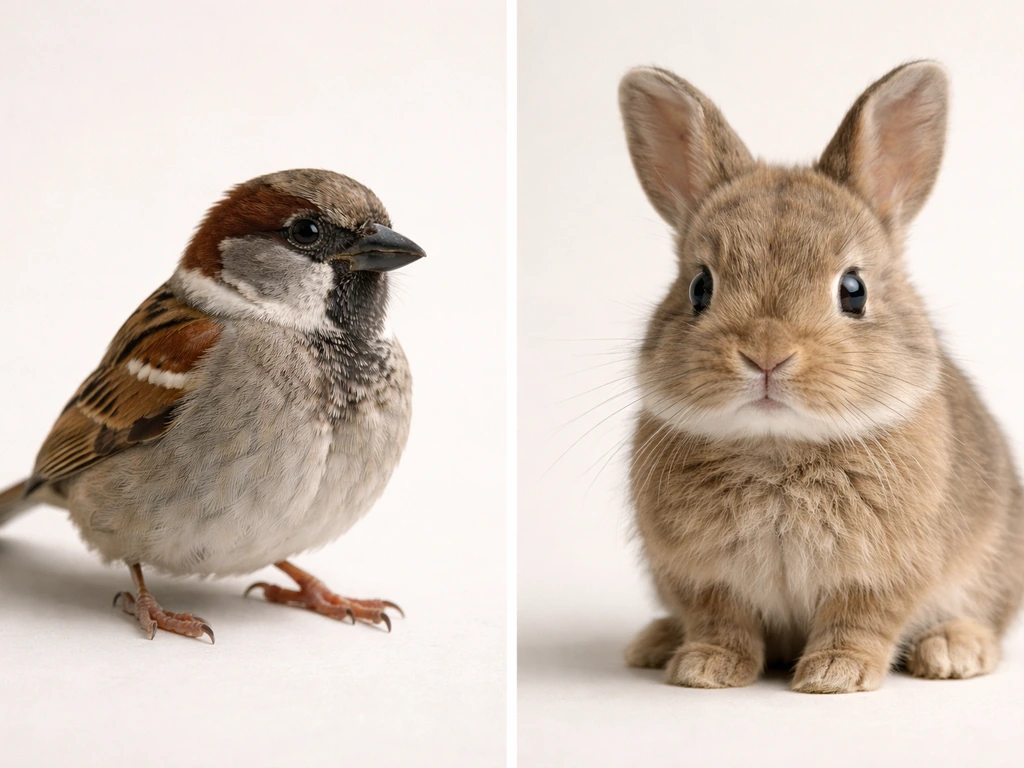 Side-by-side close-up of a perched bird with visible feathers and a small mammal with fur.