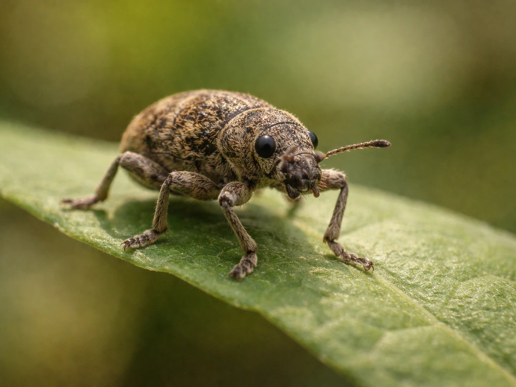 Macro photo of a small brown weevil on a green leaf, highlighting an insect “nice” common name context.