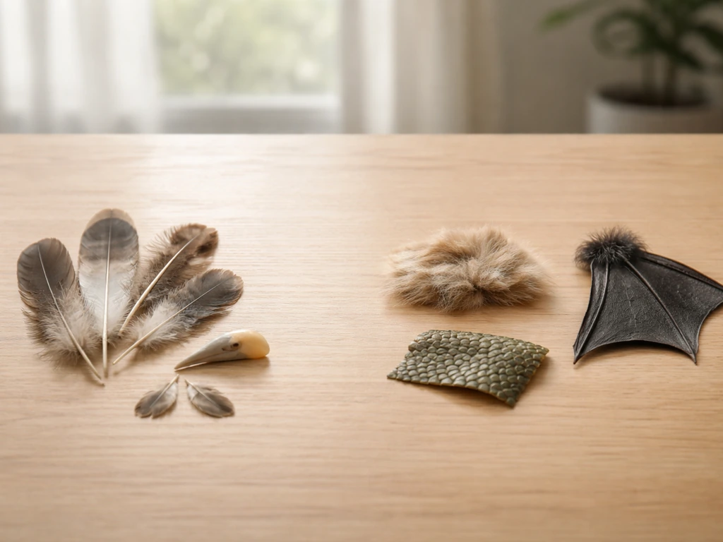 Minimal tabletop setup with natural objects symbolizing bird traits versus mammals, reptiles, and bats