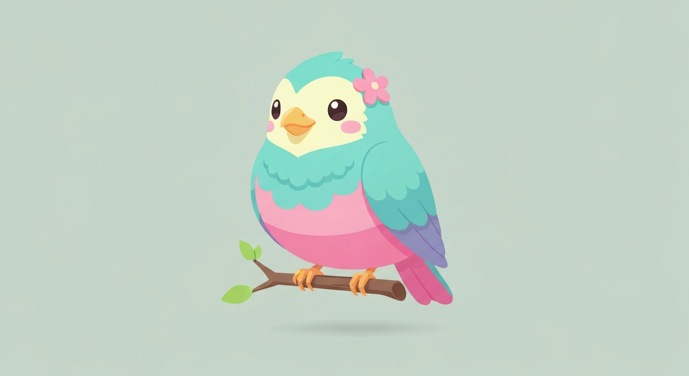 Stylized pastel-colored fictional bird perched on a branch with a small ribbon, representing the fictional 'Opila Bird'.